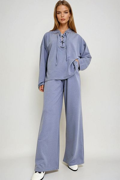 VAGGON Women's Painted Gray Crew Neck Bird Eye Detailed Two Thread Sweat and Double Pocket Trousers Set