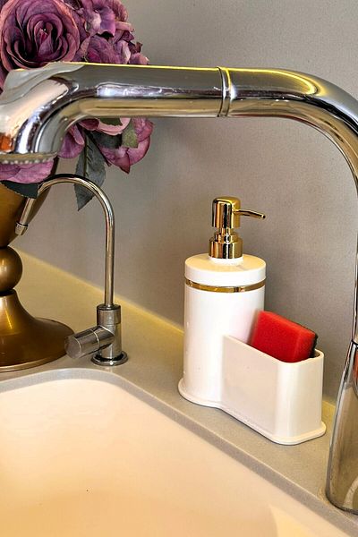 Makri Stylish Gold Color Detailed Liquid Soap Dispenser with Sponge Holder for Kitchen or Bathroom, Domestic Production