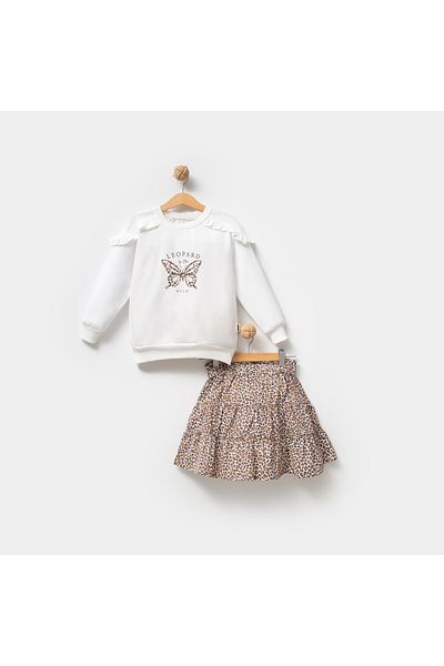 Overdo Girl's Leopard Patterned Skirt Stone Print Sweat Double Set