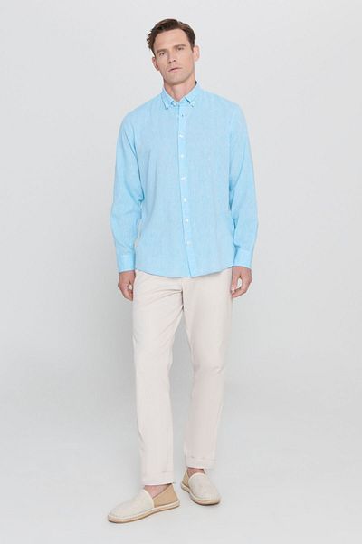 AC&Co / Altınyıldız Classics Türkises Leinenhemd für Herren - Relaxed Fit, geknöpfter Kragen, Comfort Fit