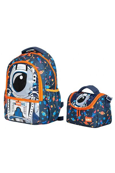 Wia Astronaut Printed Boys' School Backpack and Thermal Insulated Lunchbag Set - Navy Blue