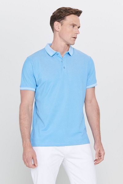 AC&Co / Altınyıldız Classics Tricou pentru bărbați din țesătură de bumbac, care nu se contrac, slim fit, slim-fit, Saks-alb, fără ondulare, cu gât polo