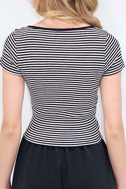 VAGGON Women's Black Square Neck Striped Crop Blouse Prmx11550