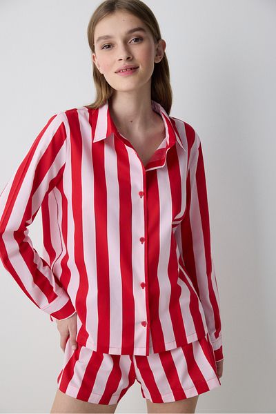 Penti Lilah Striped Shirt Shorts Red Pajama Set - Penti Loves Paris Collection