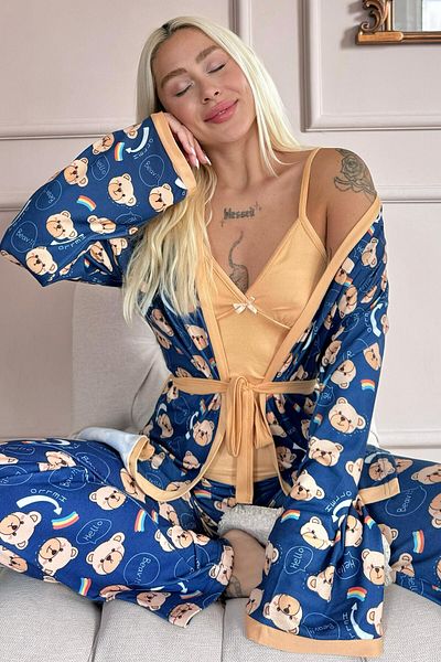 Pijamaevi Orange Bear Patterned Women's Pajamas Set with Thermal Dressing Gown