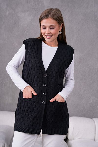 TRİKO DÜNYASI Women's Knitwear Knitted Patterned Mother Vest with Pockets and Slits