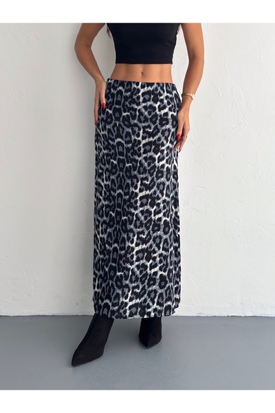 MaxiMor Fusta de damă neagră cu model leopard, cu talie elastică, lungă din țesătură de viscoză, model clopot