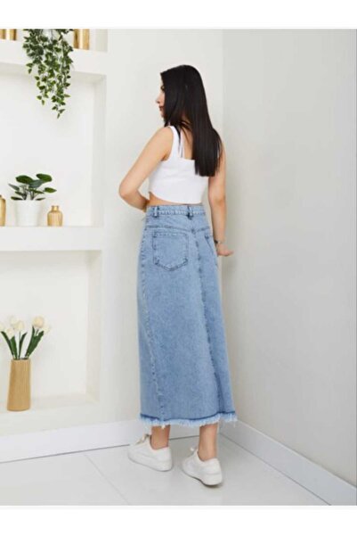 ECK MODA Blue Denim Midi Boyce Women's Skirt with Back Pocket and Front Slit and Tassel Detail