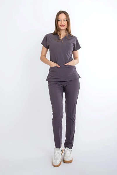 Uçak Medikal Puslu Gri U-flex Likralı Doktor Hemşire Cerrahi Takım