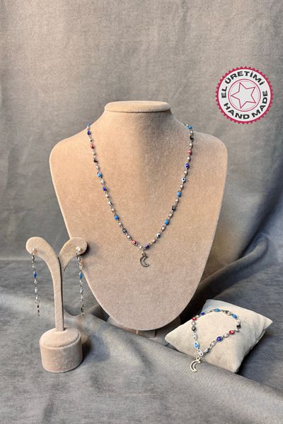 Uretti - Tuğba 9352 Handmade Enamel Eye and Moon Detailed Jewelry Set