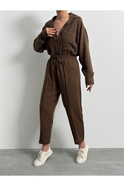 BEJNA Női barna túlméretezett vászon ing nadrág alsó felső szett