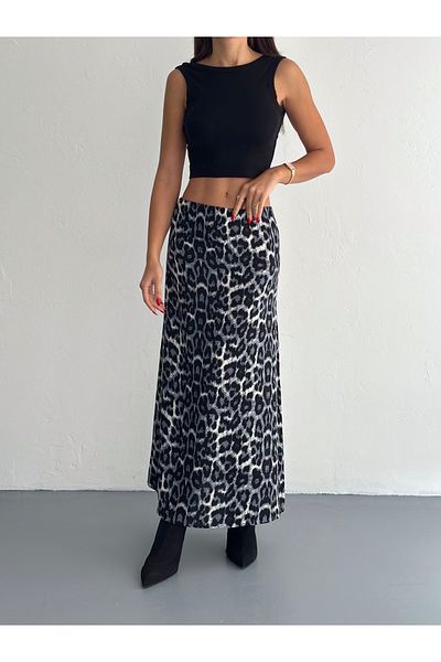 YUSUF CAN KARATAŞ KARATAŞ GİYİM Fusta de damă neagră cu model leopard, cu talie elastică, lungă din țesătură de viscoză, model clopot