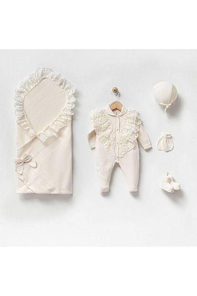 Nipperland 0-3 Months Baby Girl V-necK Organic Lace Hospital Set - Cream Color 5-piece