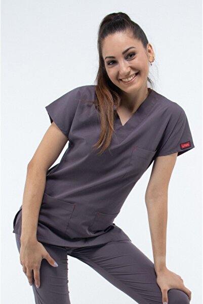 Uçak Medikal Puslu Gri U-flex Likralı Tek Üst