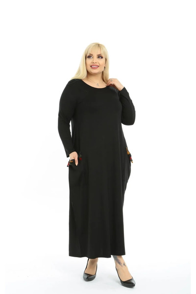 kısmet sepeti Women's Plus Size Tassel Pocket Detail Viscose Combed Cotton Dress