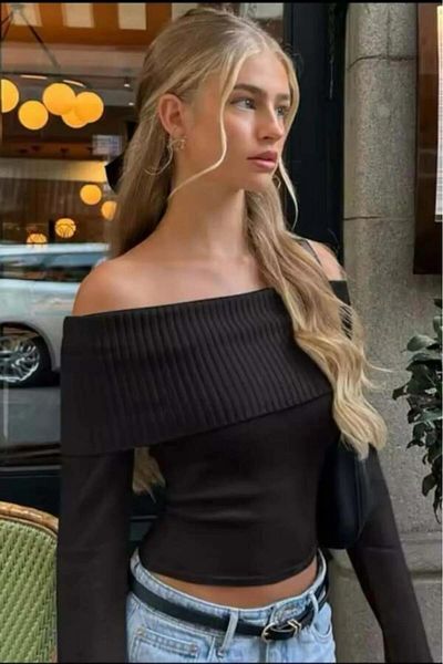 Köstebek New Black Stripe Madonna Collar Shoulder Low-Cut Long Sleeve Knitwear Crop Blouse