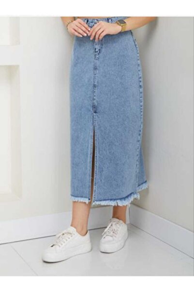 ECK MODA Blue Denim Midi Boyce Women's Skirt with Back Pocket and Front Slit and Tassel Detail