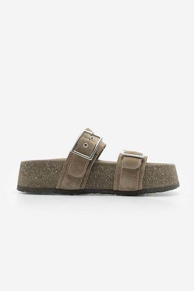 Marjin Olive Suede Women's Casual Slippers - Double Banded, Cork Sole, Merga Soil Suede