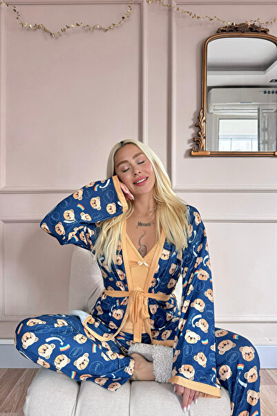 Pijamaevi Orange Bear Patterned Women's Pajamas Set with Thermal Dressing Gown