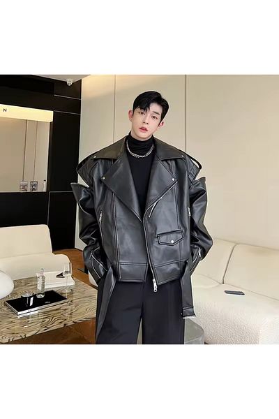 ARDSU Ανδρικό Pu LEATHER JACKET Φερμουάρ ώμου, Σχέδιο Pu δερμάτινο μπουφάν