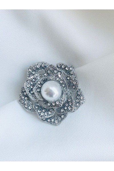 COCOSH TAKI Gümüş renk gül model zirkon taşlı incili broş