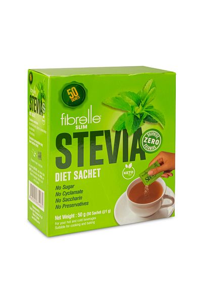 Fibrelle حلويات ستيفيا - شكل كيس -1 جرام كيس = 15 جرام سكر - 50 كيس ستيفيا خاص لمنطقة المينا