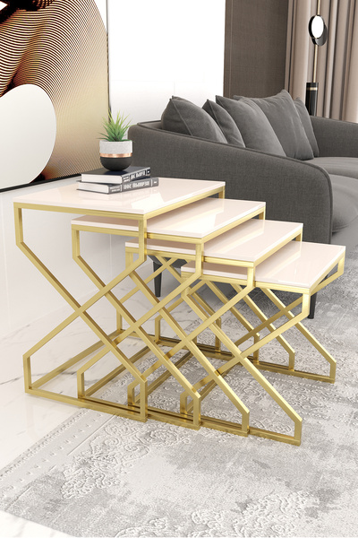 Dekoport Ela 4l Ü Zigon Sehpa Gold (ESKİTME) Yan Sehpa Krem Mdf Membran Kaplama