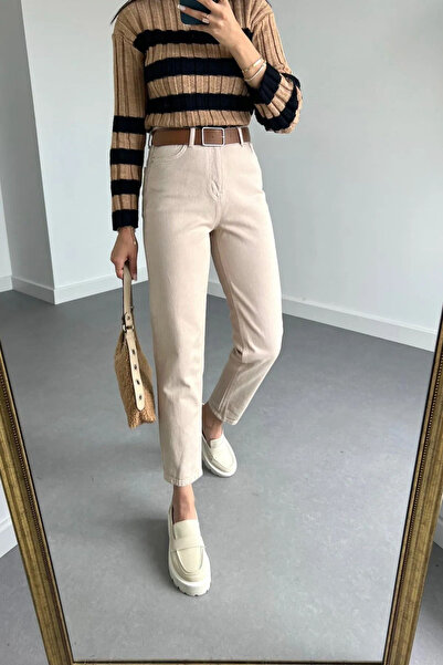 JAXEN Bt19266036 Women's Cream Boyfrend High Waist Stretch Fabric Extra Stretchy Mom Jeans Denim Trousers