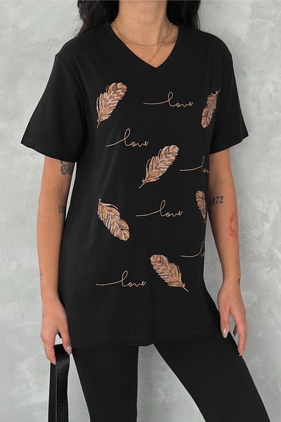 FEMELLE Tricou de damă, negru, cu decolteu în V, cu frunze mari, cu paiete brodate, 100% bumbac