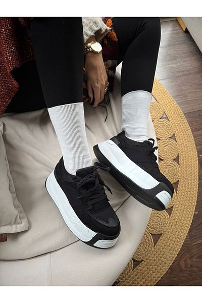 İnan Ayakkabı Women's Black Suede High Sole Sneakers (6 cm Sole)