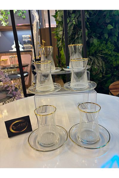 ARS COLLECTION Pasabahce Heybeli Gold طقم شاي مطلي بالذهب الحقيقي مكون من 6 أشخاص مكون من 12 قطعة، طقم شاي، خدمة تشاي،