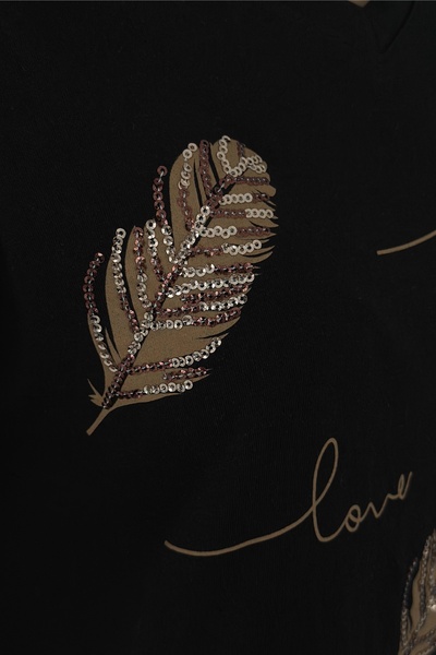 FEMELLE Women's Black V-Neck Plus Size Leaf Sequin Sequin Embroidered 100% Cotton T-Shirt