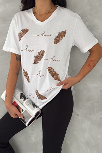 FEMELLE Women's White V-Neck Plus Size Leaf Sequin Sequin Embroidered 100% Cotton T-Shirt