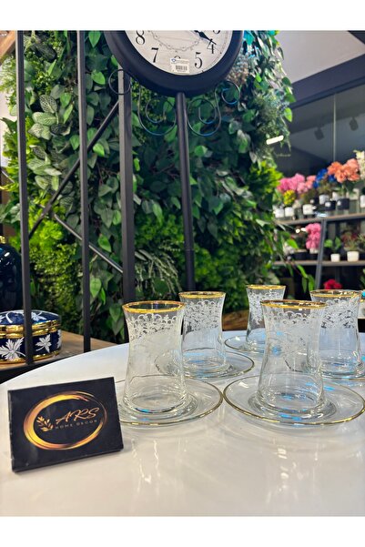 ARS COLLECTION Paşabahçe Heybeli Gold Gerçek Altın Yaldızlı Dantel İşlemeli 6 kişilik 12 Parça Çay Seti, Çay Takımı