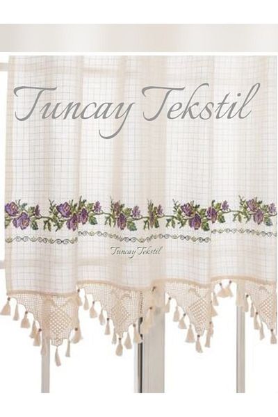 TUNCAY TEKSTİL Purple Cross Stitched Buldan Work Cross Stitch Hand Lace Canvas Linen Curtain
