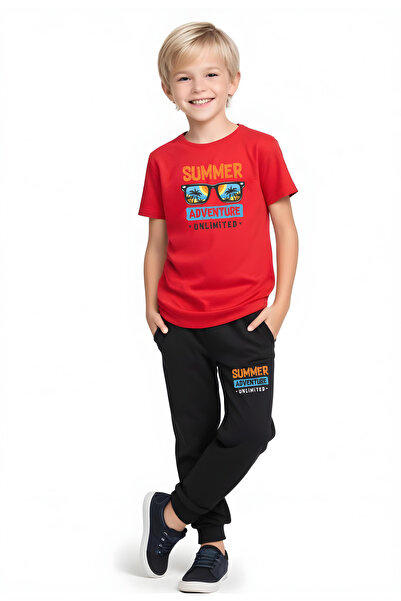 YA KO KİDS Summer Adventure Printed Boys' Short Sleeve Double Pocket Bottom-Top Suit