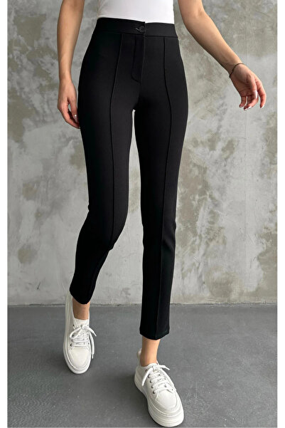 kısmet sepeti بنطال نسائي من قماش الكريب بأرجل ضيقة وخصر مطاطي مخطط أسود