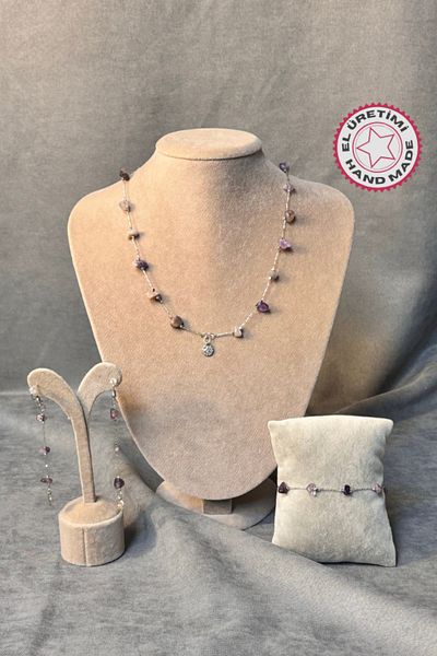 Uretti - Tuğba 9352 Handmade Amethyst Natural Stone Jewelry Set