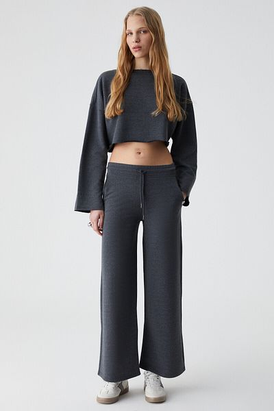 GRIMELANGE Klıos Women's Wide Leg High Waist Slim Anthracite Tracksuit Set