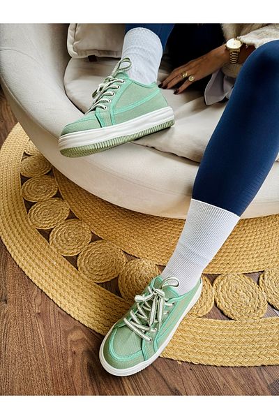 İnan Ayakkabı Women's Green Linen Sneakers (Sole 4 cm)
