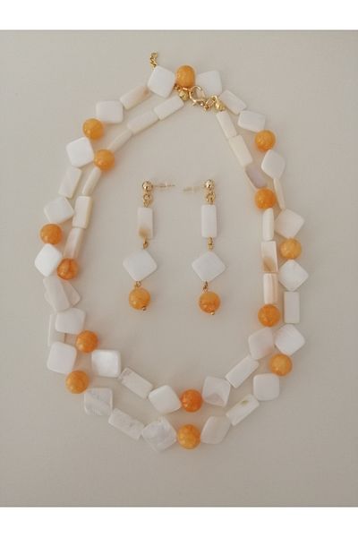 LemaStone Set of Natural Stone Necklace and Earrings in Psoriasis and Calcite (Aa Quality)
