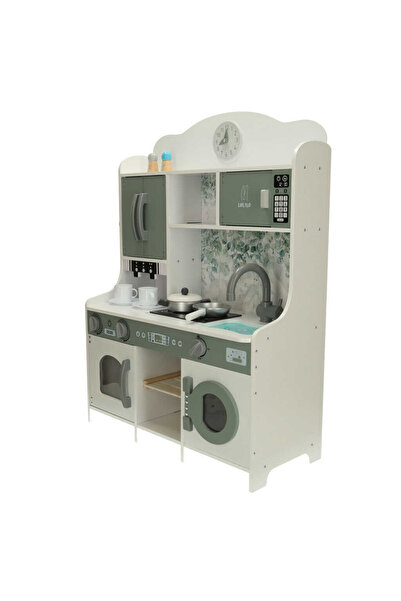 Micostore Παιδική κουζίνα, κατασκευασμένη από ξύλο MDF, 85 × 62 x 34 cm, με καφετιέρα παιχνιδιού, σκεύη και αξεσουάρ