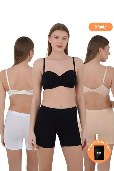 CNT Slip boxer pentru femei - Talie elastică și țesătură moale Pachet special de 3 (negru, alb, culoarea pielii)