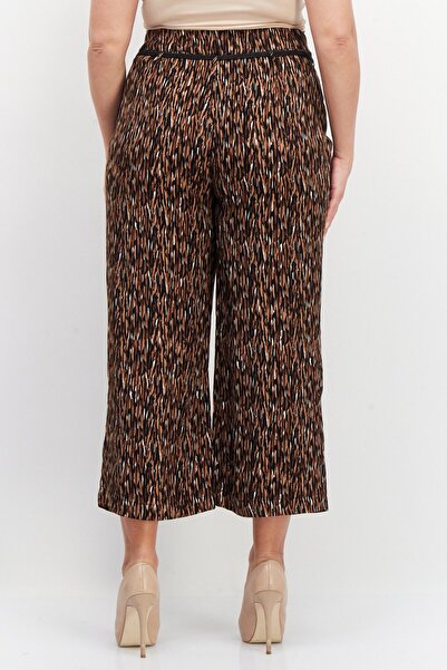 ZERO Women Abstract Belted Palazzo Pants, Brown