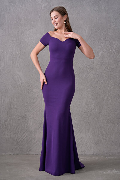 bayansepeti Plum Crepe Fabric Sweetheart Neckline Off the Shoulder Detail Sweep Train Design Maxi Dress 582988
