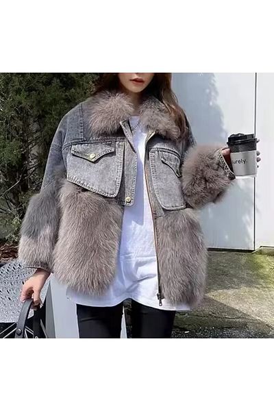 ARDSU Women's Sheepskin Denim Coat, Thick Winter Coat,