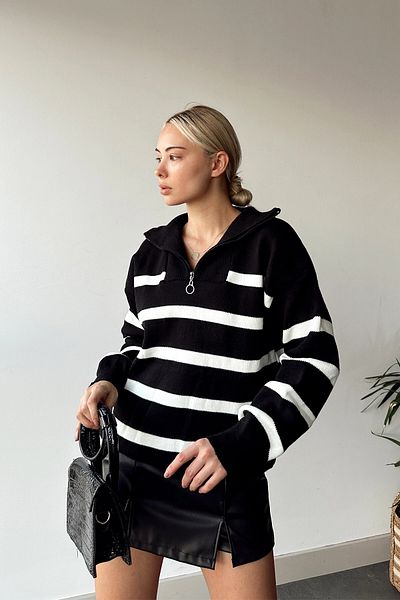 VAGGON Pulover de iarnă pentru femei, negru, cu fermoar, în dungi Vgn-x11055