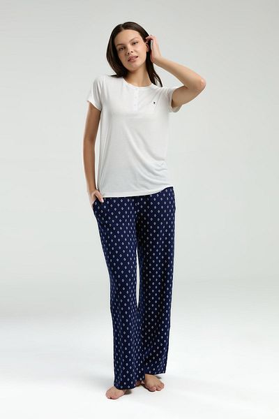 Pierre Cardin Women's Pajama Suit - Crew Neck, Buttoned Wide Leg Pockets