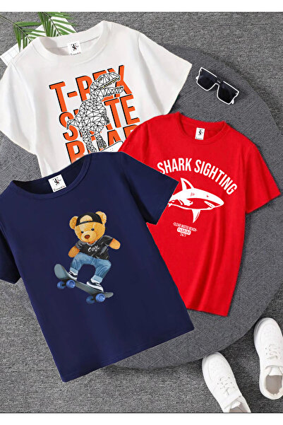 twins tailors Παιδικό μπλουζάκι Shark Printed 3 Pack Unisex Κόκκινο-Λευκό-Μπλε