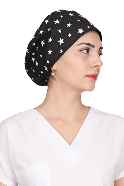 GTB BUTİK Siyah Yıldız Desenli Doktor Hemşire Aşçı Bonesi Unisex